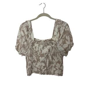 Monteau Los Angeles Linen Blend Boho Smocked Crop Top Size Large Square Neck